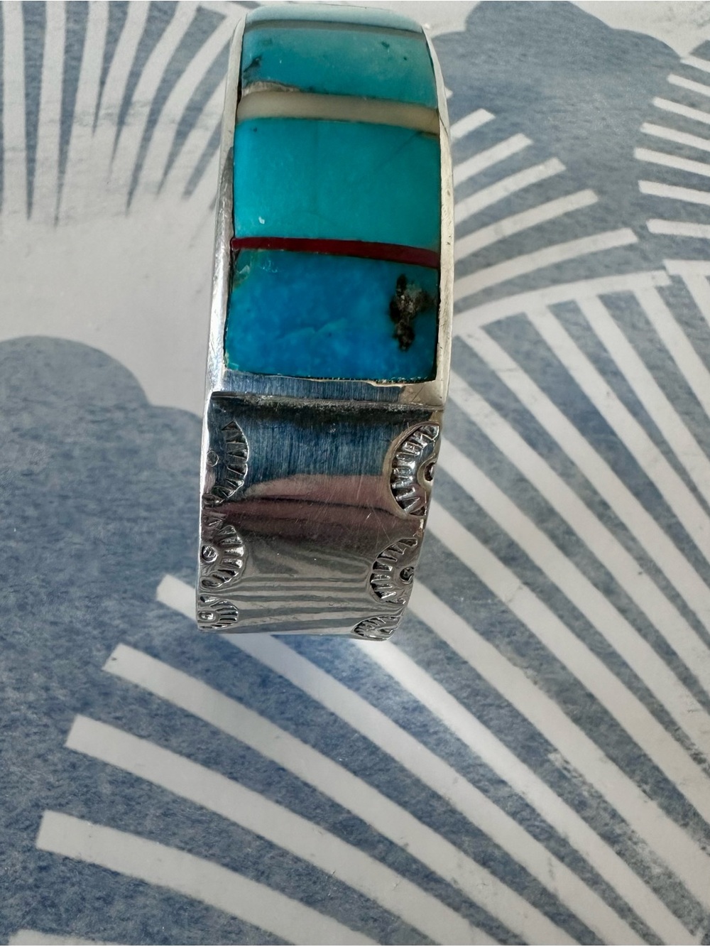 Vintage Native American Sterling Silver Turquoise Inlay Heavy Cuff Bracelet - Picture 9 of 16